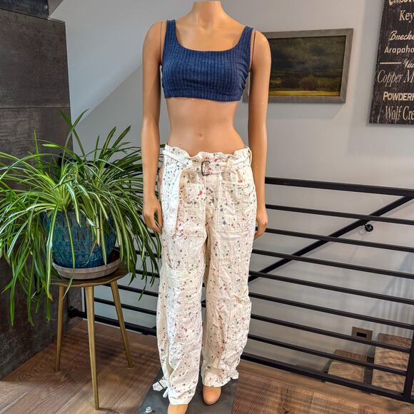 Free People Belted Painter Pants Ecru Utility Paint Splatter Slouchy Cargo SZ 6 - Picture 12 of 14